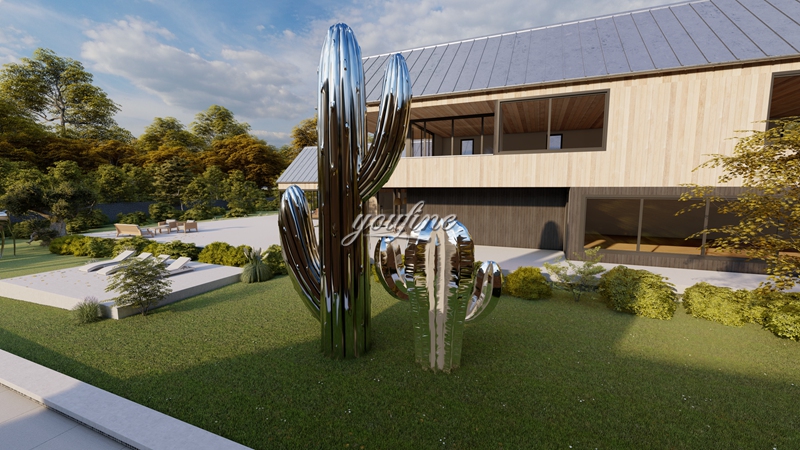 Modern Mirror Outdoor Metal Cactus Sculpture