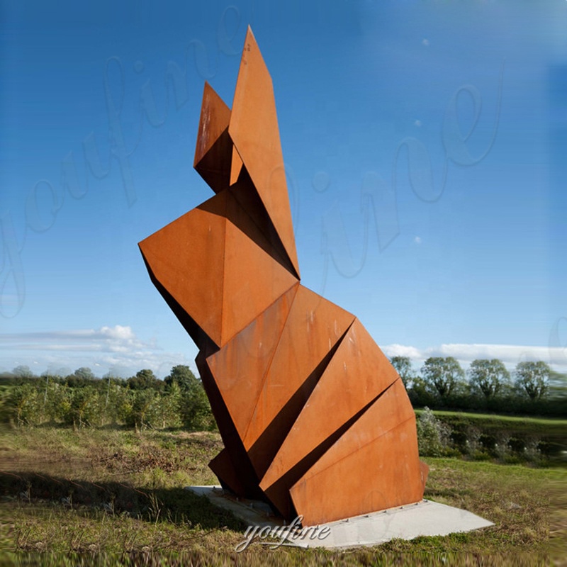 corten steel abstract rabbit sculpture