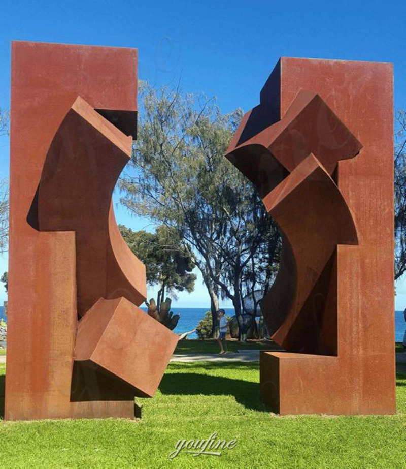 large abstract corten steel sculpture